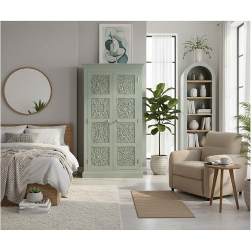 Image of APRODZ Floreale Mango Wood Wardrobe for Bedroom 2-Door Modular Wooden Almirah for Storage /Space Saving Storage Organizer Rack Clothes Cupboard for Bedroom (Sage Green Finish)