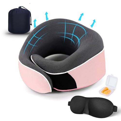 Travel Neck Pillow, Best Memory Foam Airplane Pillow for Head Support Soft Adjustable Pillow for Plane, Car & Home Recliner Use (Pink1)