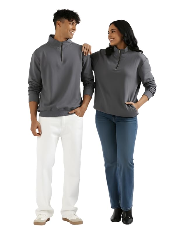 Image of SAADAA Unisex Zip Neck Sweatshirt | Quarter Zip High Neck | Cotton-Blend Fleece| Winter Wear Sweatshirt with Pockets | Casual Fit