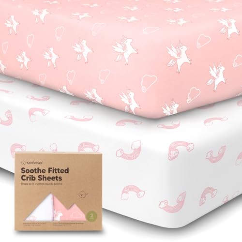 Organic Fitted Cot Bed Sheets - 2-Pack Breathable Jersey Cotton Baby Bed Sheets - 120x60 Cot Mattress Fitted Sheet - Fitted Cot Sheets - Baby Cot Sheets - Crib Fitted Sheets (Dreamland)
