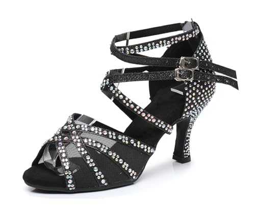 Womens Professional Dancing Shoes with Rhinestones Mesh Elegant Wedding Formal Sandals