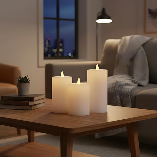 Image of Flameless Pillar Candles Flickering with Remote Timer, Battery Operated LED Candles Up to 400 Hours, 3D Moving Flame Real Wax Candles, Set of 3, D3 x H4, 5 inch, 6 inch,Remote Included(Ivory)