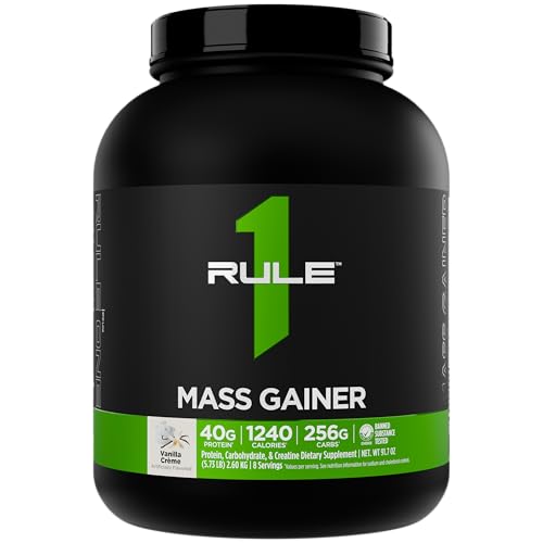 rule 1 mass gainer - high-calorie weight gain formula with 1220 calories 250g complex carb blend 40g all-whey protein per serving 8 servings vanilla crme