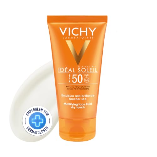 VICHY Sonnen-Fluid LSF 50, Für normale, Mischhaut und empfindliche Haut, Sonnencreme für das Gesicht, Schutz gegen breites UVA-UVB-Spektrum, Wasser-und schweißfest, Mattiert, Ideal Soleil, 50 ml