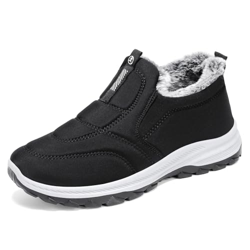 NEKGNL Men's Winter Warm Fur lined Slip-On Snow with Arch Support Outdoor Lightweight Non-Slip Waterproof Mid top Walking Shoes (Black,10)