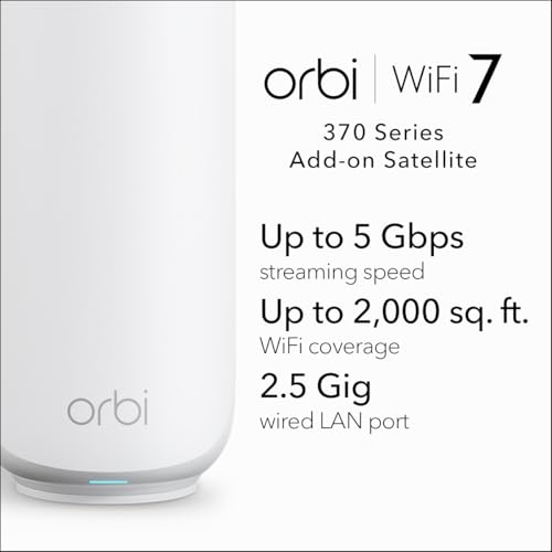 Image of NETGEAR Orbi 370 Series (RBE370) Dual-Band WiFi 7 Mesh Network Add-on Satellite - Works with RBE372, RBE373, RBE374, Security Features, 5 Gbps, Adds Coverage up to 2,000 sq. ft., BE5000