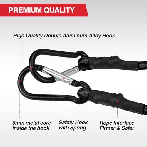 Image of Xfopz 6 Pcs Carabiner Bungee Cords with Hooks- Heavy Duty Bungee Straps Strong Elastic Rope for Outdoor Tent, Luggage Rack, Camping, Cargo, RV, Bike, Transporting,100 LBS Max Break Strength