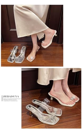 Geerta Clear Strap Toe Ring Sandals for Women - Low Heels Mules with Sparkly Diamond Decors, Comfortable Dressy Shoes for Parties Weddings Cruises Summer Vacations3