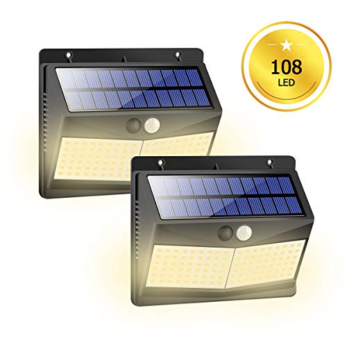 Preisvergleich Produktbild Solarleuchten für Außen mit Bewegungsmelder 108 LED Solarlampen Garten Solarleuchten 3 Modi Kabellos Wasserfest 2000mAh Solar Led 2 Stück