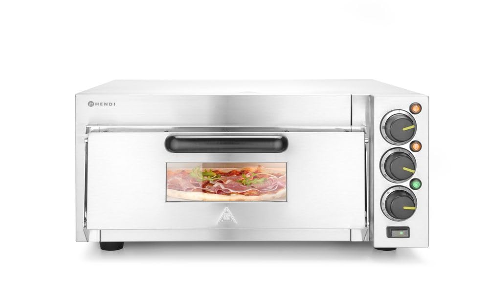 HENDI Horno profesional compacto para pizzas, horno eléctrico, para pizzas hasta diámetro 39cm, 50˚C~350˚C, 230V, 2000W, 580x560x(H)275mm, plateado, cuerpo de acero inoxidable AISI 430