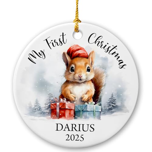 Baby's First Christmas Squirrel Ornament 2025 - Personalized Woodland Animal Xmas Tree Keepsake - Cute Ceramic Custom Name Ornament