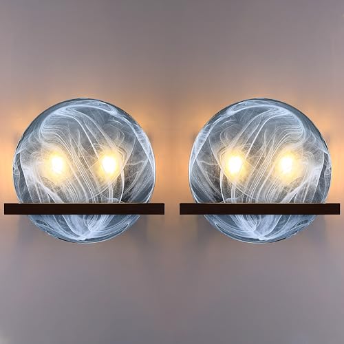 Image of 10 inch Round Blue Glass Bathroom Wall Sconce Concise Style 2 Pack 2 Light Wall Light Fixture,Oil Rubbed Bronze Finish for Bedroom Hallway Bedside Living Room