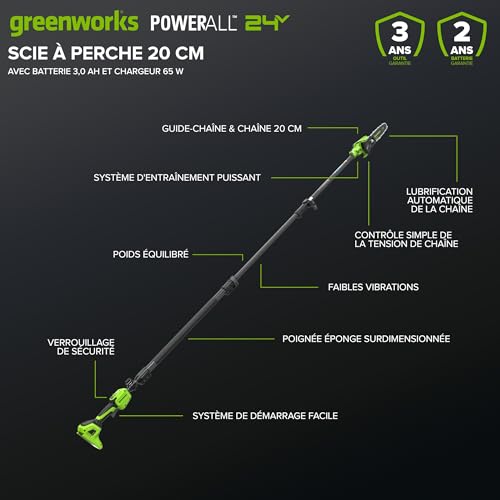 Greenworks POWERALL 24V Élagueuse sur perche télescopique 20cm Batterie 3Ah - vue 3