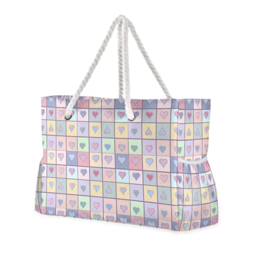 Grid-of Colored Squares Beach Bag & Travel Tote Bag Large Sandproof with Zipper Closure, Wet Pouch for Swim Gym Travel, Lightweight Foldable Outdoor Bag