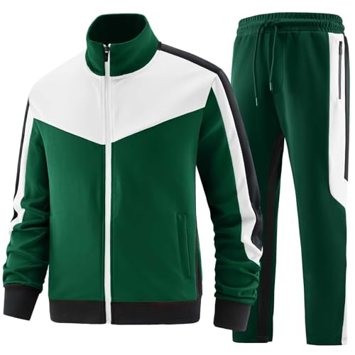 ANOTWENER Survêtement décontracté 2 pièces pour homme, avec pantalon et veste à manches longues et fermeture éclair intégrale, Vert, M