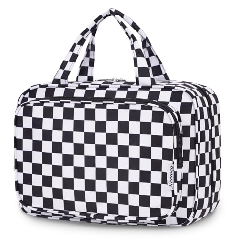 Image of Narwey Large Hanging Toiletry Bag Travel Makeup Bag Cosmetic Organizer for Women and Girls, Z-Black Checkerboard, Large