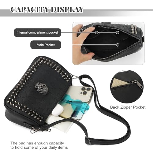 KUANG! Black Dark Punk Style Shoulder Bag Pu Leather Wristlets Clutch Purse Fashion Skull Rivets Handbags4