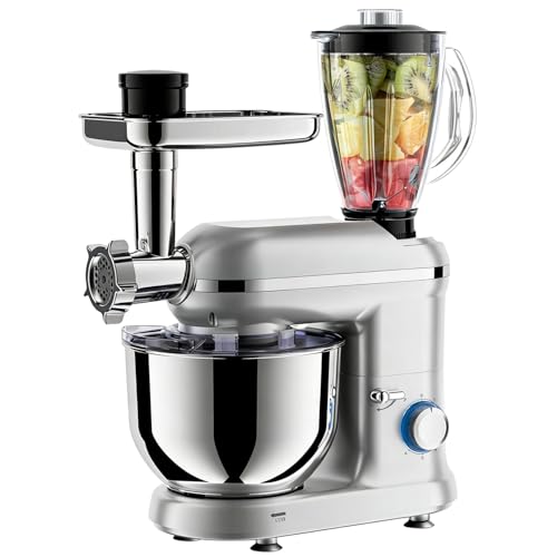 pealiritansemen 5-In-1 Stand Mixer, 1900W Electric Tilt-Head Kitchen Mixer with 5.5L Bowl for Bread Dough, Cake & Whipped Cream, Includes Meat Grinder And Blender for Juices & Smoothies, Silver