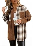 Astylish Women's Casual Corduroy Shirt Jacket Button Down Color Block Blouse Tops Brown Medium