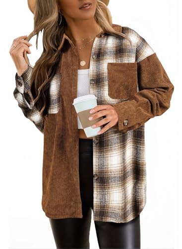 Astylish Women's Color Block Corduroy Shirts Long Sleeve Button Down Boyfriend Blouses Tops
