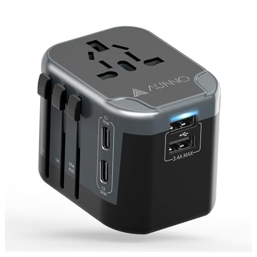 AUNNO Universal Travel Adapter, International Travel Plug Adapter with 2 USB-C and 2 USB Ports, All in One Plug Adaptor with Dual Safety Fuses, UK to European Plug Adaptor for EU USA Australia etc