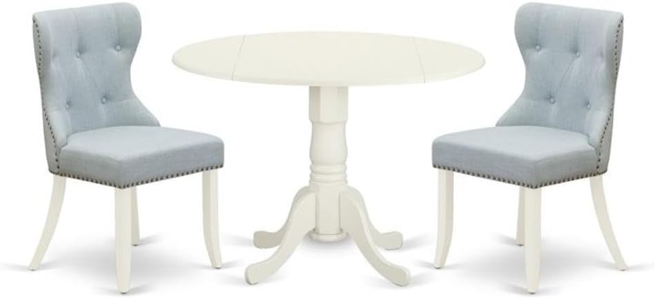 East West Furniture DLSI3-WHI-15 – Juego de muebles de comedor de 3 piezas contiene una mesa de comedor redonda con gotas y 2 sillas tapizadas de