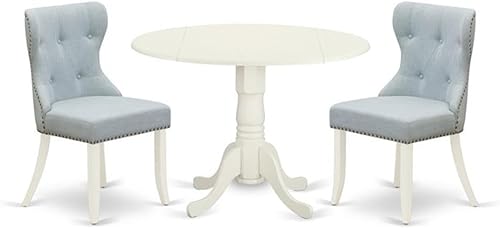 East West Furniture DLSI3-WHI-15 - Juego de muebles de comedor de 3 piezas contiene una mesa de comedor redonda con gotas y 2 sillas tapizadas de