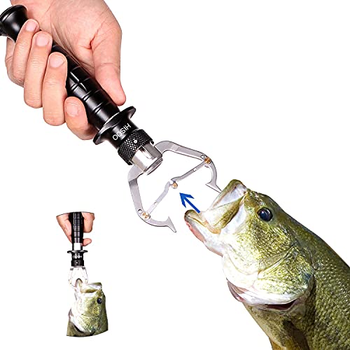 Fish Lip Gripper,Stainless Steel Fishing Lip Grabber,Corrosion Resistant Aluminum Non-Slip Handle with Lanyard (Black)