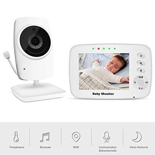 Moniteur Bébé, Tresbro Babyphone Caméra Surveillance Numérique sans Fil, Zoomable Nouveau née Ecoute Bébé avec 3.2" LCD, Voix Bidirectionnelle, Vision Nocturne, Capteur de Température, Berceuses
