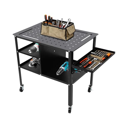 Table de travail de soudage, mobile, capacité de charge de 500 kg, table d'atelier, avec 4 roulettes (2 verrouillables), étagère latérale rabattable et plaque perforée, table de travail en acier pour