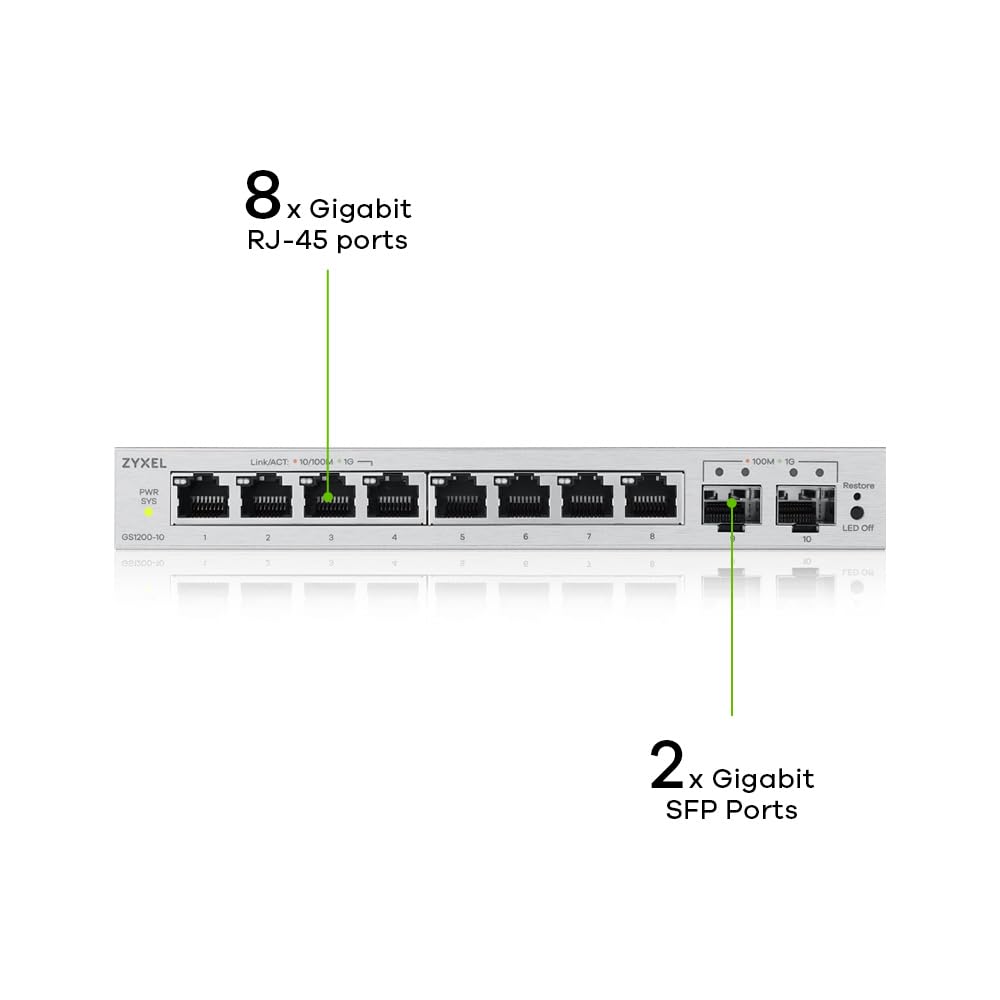 Zyxel Switch Ethernet 8 Porte | Switch Gigabit Web Managed | 2x SFP Uplinks | QoS, Link Aggregation, VLAN, IGMP Snooping | Senza ventola | Desktop [GS1200-10v3]