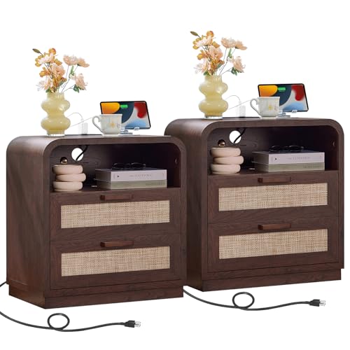 Image of LEYAOYAO Rattan Nightstands Set of 2 with Charging Station, Walnut | 23.6 inch Curved 2 Drawers Nightstand with Storage Shelf & Solid Handle, Boho Bedside Tables for Bedroom, Living Room