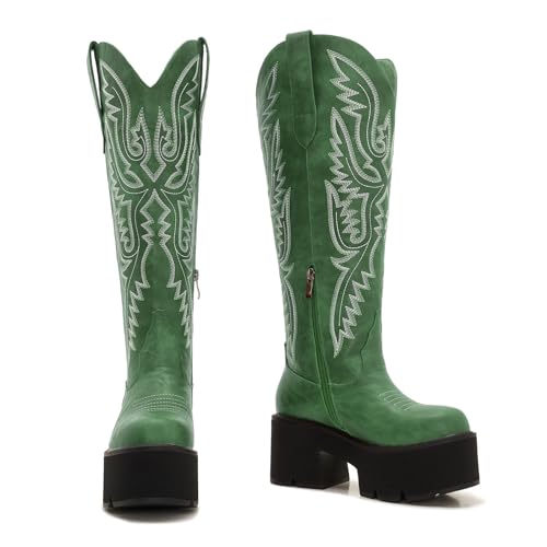 Image of Uillnoodu Wide Calf Cowboy Boots Women Adjustable Lace Up Knee High Tall Plus Size Cowgirl Boots Western Style Comfortable 2-Inch Heel