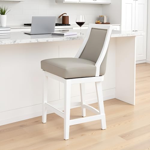 Image of Ellie Counter Height Swivel Stool with Back - 41 inch Tall Upholstered Barstool with Padded Seat, Solid Rubberwood Frame, Steel Memory Return, Metal Kick Plate - Kitchen Island & Home Bar Chair (White)