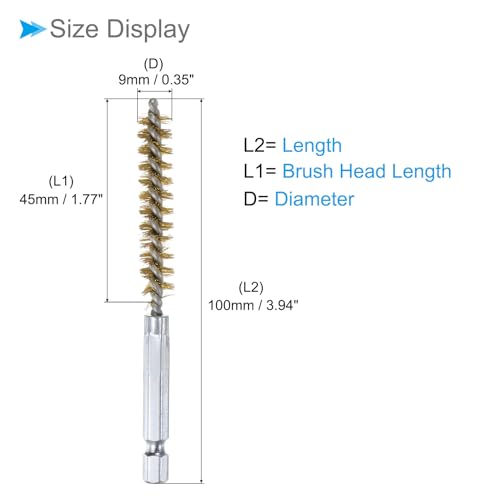 Image of Bore Brush, 9mm Dia 4 Inch Length, Brass Cleaning Wire Brushes with 1 /4 Inch Hex Shank - (Applications: for Power Drill, Die Grinder), 5-Pieces