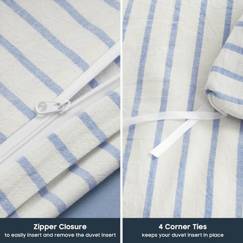 Image of Wake In Cloud - Striped Cotton Duvet Cover Set, Ticking Stripe Vertical Pinstripe Farmhouse, 100% Washed Cotton Textured Bedding Set, 3 Pieces, Blue White, King Size