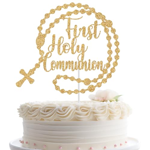 First Holy Communion Cake Topper, Christian Baptism, God Bless Cake Decor, Wedding Baptism Christening Baby Shower Birthday Party Decorations Gold Glitter