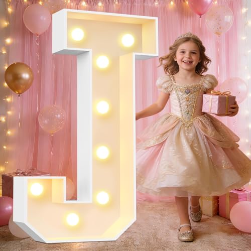 Pooqla 3FT Marquee Light Up Letters, LED Letters Big Mosaic Marquee Letters 3 Feet Tall, Giant Letter Sign for Balloons Birthday Anniversary Wedding Party Decoration, Warm White Letter J