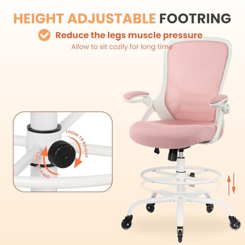 Image of HYLONE Drafting Chair Tall Office, Ergonomic Standing Desk Stool Adjustable Big and Tall Drafting Office Chair with Flip-Up Armrests, Mesh, Pink