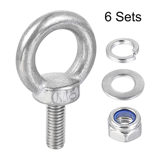 Image of uxcell Lifting Eye Bolt M5 x 12.5mm Male Thread with Hex Screw Nut Gasket Flat Washer for Hanging Securing Chain Wire Rope, 304 Stainless Steel, 6 Sets