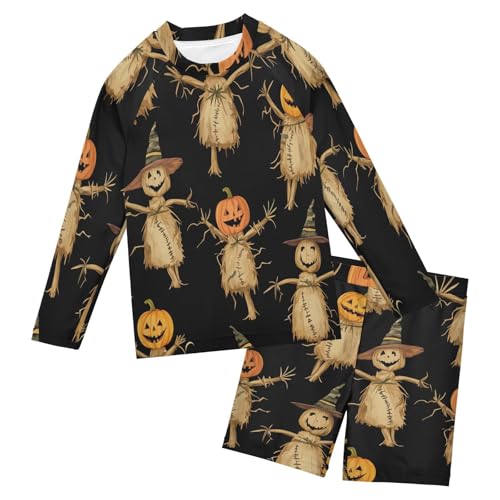 Scarecrow and Pumpkin Boys Swimsuit Rash Guard Toddler Kids Long Sleeve Swim Shirt and Trunks Swimwear Set 3-10Y