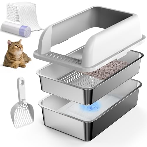 23,6'' x 16'' x 12'' Geschlossene Katzentoilette aus Edelstahl mit Deckel, XL-Siebtoilette für Kiefernpellets, Katzentoilette aus Metall mit hohen...