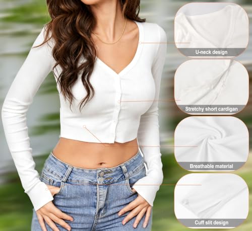 Image of Women's White Cropped Cardigan Long Sleeves Button Down Ribbed Crop Tops (Large)