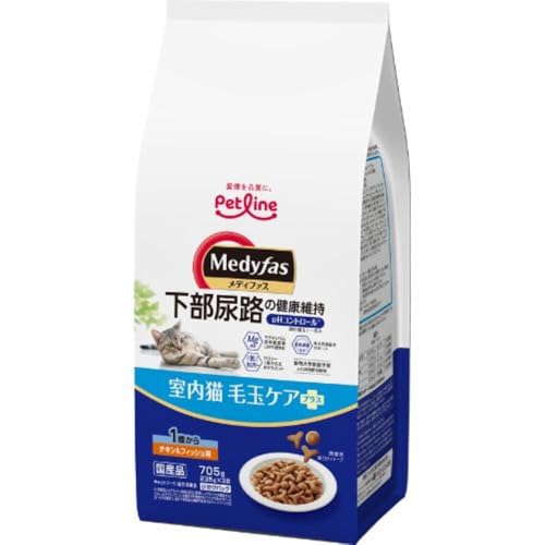 メディファス キャットフード 室内猫 毛玉ケアプラス 1歳から チキン&フィッシュ味 【下部尿路/ｐHコントロール/麻布大学共同開発/国産/アルミ小分け】 705g(235g×3)のサムネイル