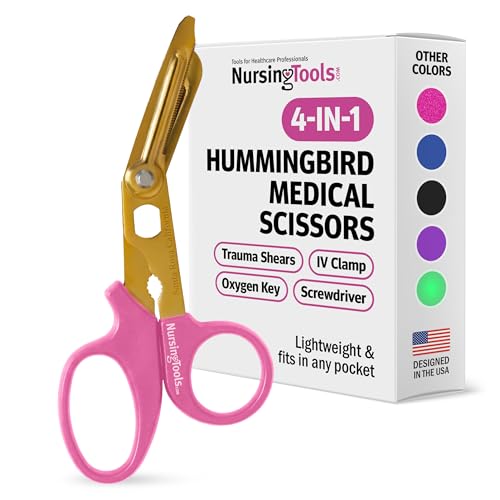 Nursing Tools Hummingbird 4-in-1 Trauma Shears – Compact Medical Scissors for Nurses, Stainless Steel Pocket EMT Shears with Oxygen Key &amp; IV Clamp (Hibiscus Pink)
