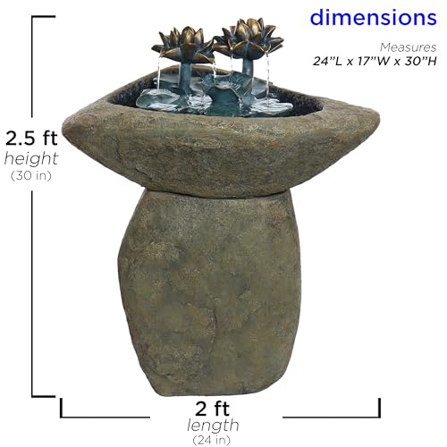 Image of Alpine Corporation USA1393 Outdoor Floor Vintage Pedestal Lotus Rock Water Fountain, Soothing Pedestal Waterfall, 30 inch, Brown