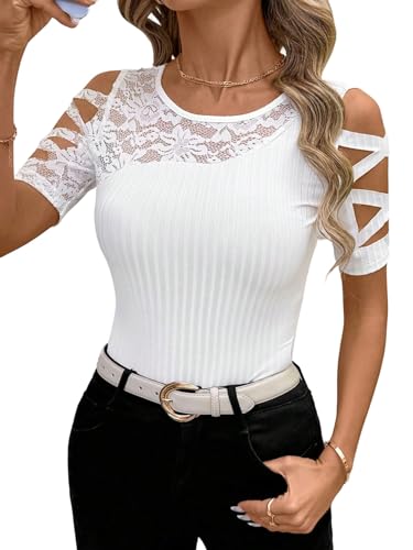 GORGLITTER Damen Spitzen Oberteil Elegant T-Shirt Kurzarm Sommershirt Cut...