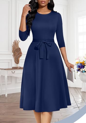 Image of Casual Dresses for Women Midi Church A-Line Fit and Flare Dress Crewneck 3 /4 Sleeve Party Dress