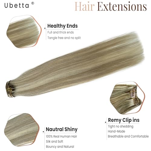 Image of Clip in Hair Extensions Real Human Hair, Ash Blonde Balayage Blonde Highlights Hair Extension Real Human Hair Clip ins 14 Inch 7pcs 70G Double Weft Hair Extensions Human Hair Clip in Extensions