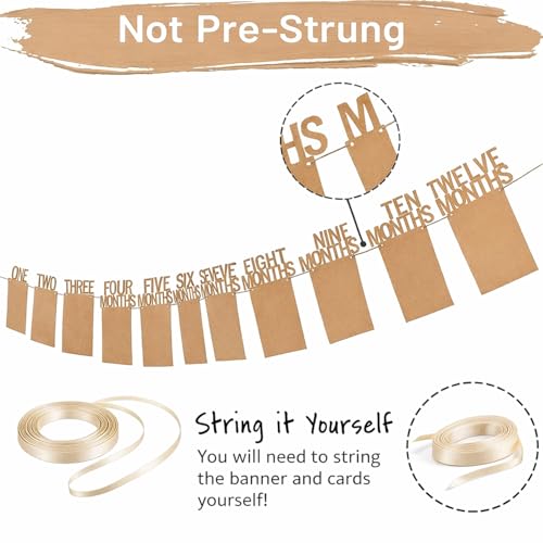 Image of Velunza Monthly Baby Photo Banner Kit 0 to 12 Months with Frames, First Year Milestone Photo Hanging Cards with Ribbon, One Year Photo Display Decoration for Birthday (Paper Cardstock)